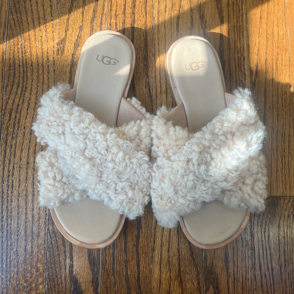 UGG Joni Shearling Women's Cream Fluffy Slide Sandals Size 6